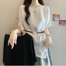 批发法式气质不规则缎面短袖<b class='q'>衬衫</b>女夏新款大码胖mm减龄收腰高级感上衣