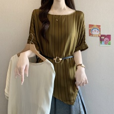 批发高级感醋酸缎面条纹短袖T恤女2026夏新款大码胖mm收腰不规则上衣