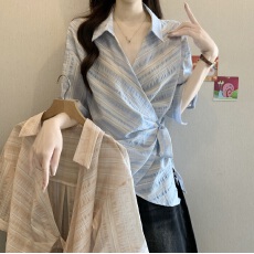 批发法式设计感收腰系带斜纹衬衫女2026夏新款胖mm不规则显瘦减龄上衣