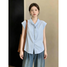 批发大码法式飘带短袖衬衫女夏季高级感衬衣宽松气质小飞袖显瘦上衣