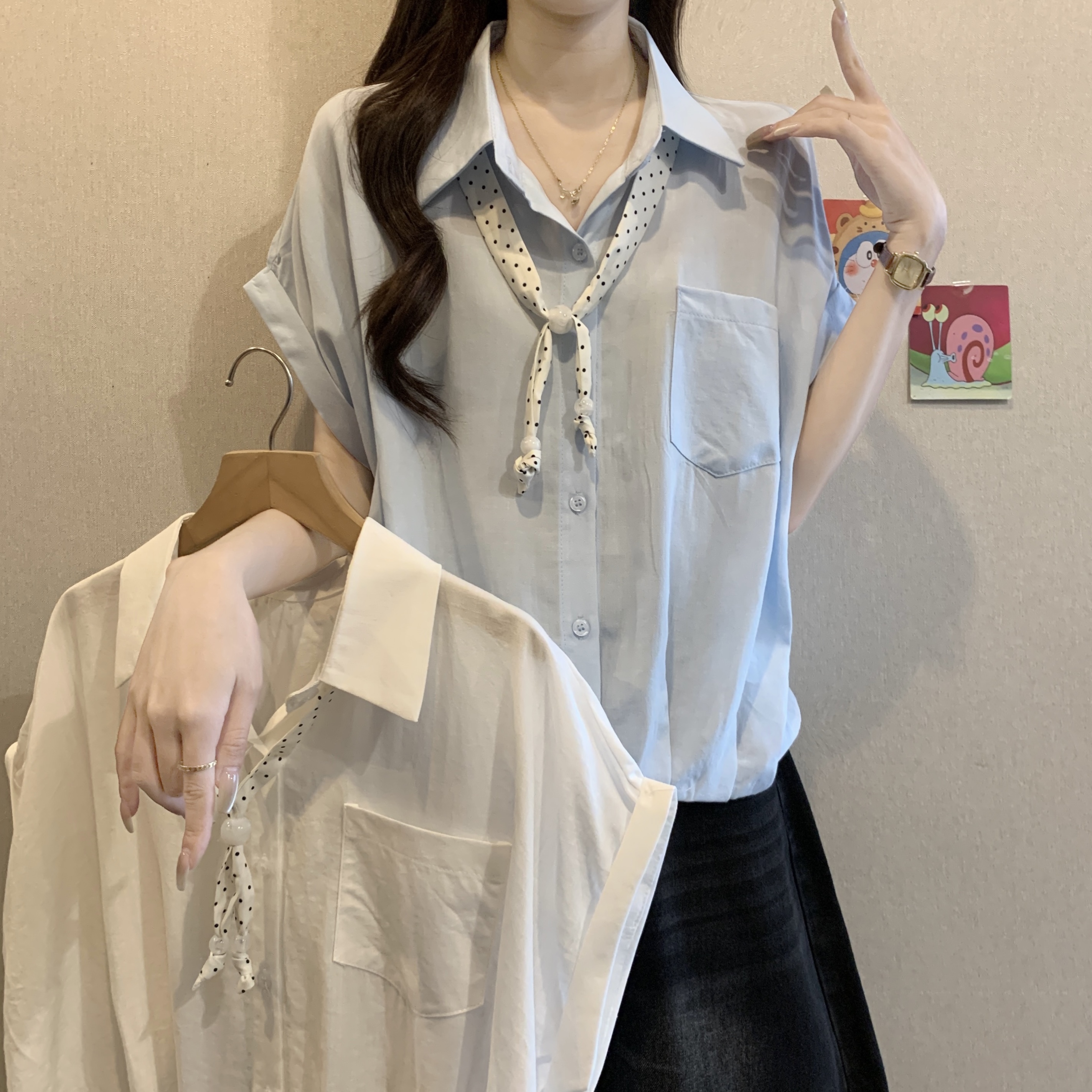 프랑스식 주름 POLO 칼라 경기 스카프 반팔 여성 셔츠 여름 새로운 지방 mm 연령 감소 슬림해 보이는 쇼트 스타일 맨위