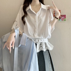批发法式高级感蕾丝拼接短袖衬衫女2026夏季新款胖mm减龄收腰显瘦上衣