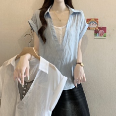 批发设计感拼接假两件短袖衬衫女夏季新款胖mm宽松遮肚洋气减龄上衣