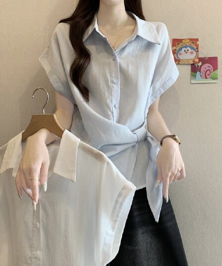폭발 불규칙 스트랩 반팔 여성 셔츠 여름 새로운 지방 mm 디자인 센스 허리 수축 슬림해 보이는 외국 가스 작은 셔츠 맨위