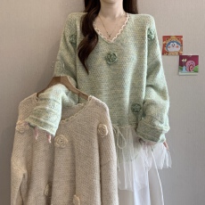 批发设计感花朵<b class='q'>网纱</b>拼接针织衫女2026秋冬新款胖mm宽松慵懒减龄上衣