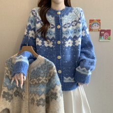 批发爆款费尔岛提花针织开衫女秋冬2026新款胖mm宽松慵懒高级毛衫上衣
