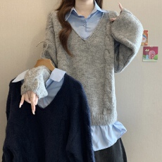 批发假两件衬衫麻花<b class='q'>针织衫</b><b class='q'>女</b>秋冬2026新款胖mm慵懒宽松显瘦叠穿上衣