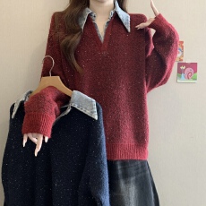巨好看亮闪闪假两件拼接针织毛衣女秋冬2026新款胖mm洋气减龄上衣