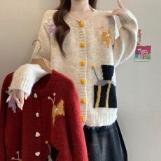 趣味卡通彩色提花针织开衫女2026秋冬新款胖mm软糯洋气减龄上衣