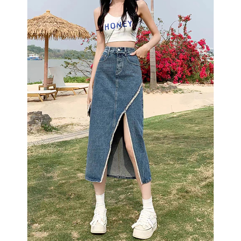高腰开叉牛仔半身裙女夏季毛边a...