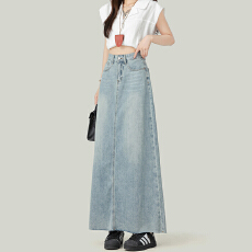 批发复古通勤韩版高腰垂感牛仔裙女春夏季新款潮流毛边A字牛仔长裙潮