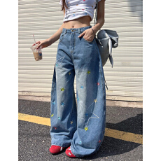 批发通勤潮流星星刺绣阔腿牛仔裤女<b class='q'>春</b>秋新款宽松百搭学院风拖地牛仔裤