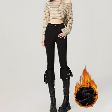 批发港风<b class='q'>休闲</b>简约高腰小脚牛仔裤女春秋季新款加绒加厚铅笔牛仔裤子潮