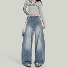 批发甜酷通勤<b class='q'>韩版</b>ins阔腿<b class='q'>牛仔裤</b><b class='q'>女</b>嘻哈风宽松显瘦磨白弯刀<b class='q'>牛仔裤</b>子潮