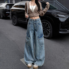 批发嘻哈韩版高腰阔腿牛仔裤女春秋新款宽松<b class='q'>时尚</b>设计感<b class='q'>个性</b>拖地牛仔裤
