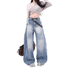 批发<b class='q'>潮流</b>设计感ins阔腿牛仔裤女宽松显瘦<b class='q'>时尚</b>百搭韩版磨白弯刀牛仔裤