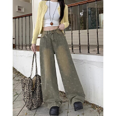 批发设计感高街<b class='q'>个性</b>阔腿高腰牛仔裤女春秋季新款宽松<b class='q'>时尚</b>拖地牛仔裤潮