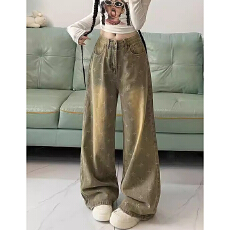 批发高街<b class='q'>个性</b>百搭阔腿高腰牛仔裤女春秋季新款宽松<b class='q'>时尚</b>拖地牛仔裤潮