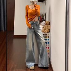批发春秋季新款原宿风休闲<b class='q'>个性</b>阔腿高腰牛仔裤女<b class='q'>时尚</b>拖地微喇牛仔裤潮