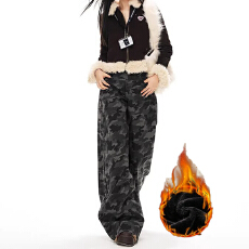 批发潮流简约原宿工装阔腿牛仔<b class='q'>裤</b>女垂感时尚加绒加厚ins拖地牛仔<b class='q'>裤</b>潮