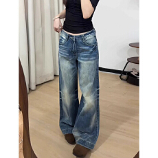 批发原宿风嘻哈<b class='q'>个性</b>阔腿高腰牛仔裤女春秋季新款宽松<b class='q'>时尚</b>直筒牛仔裤潮
