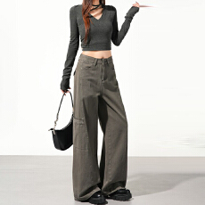 批发通勤甜酷休闲直筒牛仔裤女春<b class='q'>秋</b>季新款高腰宽松显瘦拖地牛仔裤潮