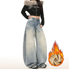 批发设计感水洗阔腿牛仔裤女<b class='q'>秋</b>冬季加绒加厚显瘦个性时尚拖地牛仔裤潮