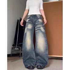 批发做旧休闲阔腿牛仔裤女春<b class='q'>秋</b>宽松设计感潮流百搭显瘦阔腿弯刀牛仔裤