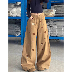 批发通勤个性休闲小熊刺绣牛仔裤女春<b class='q'>秋</b>季新款高腰显瘦直筒阔腿牛仔裤