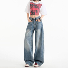 批发个性潮流设计感阔腿牛仔裤女春<b class='q'>秋</b>季新款高腰时尚宽松拖地牛仔裤潮
