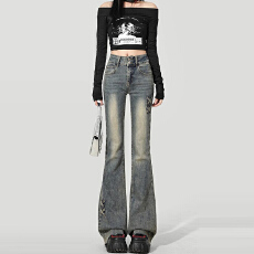 批发<b class='q'>韩版</b>潮流通勤高腰双扣微喇牛仔<b class='q'>裤</b>女春秋新款显瘦显高时尚牛仔<b class='q'>裤</b>潮