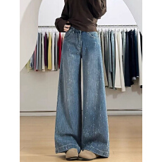 批发通勤休闲个性爆款带钻<b class='q'>镶钻</b><b class='q'>牛仔裤</b>女春秋显瘦宽松时尚拖地<b class='q'>牛仔裤</b>潮