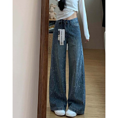 批发学院风ins潮爆款带钻<b class='q'>镶钻</b><b class='q'>牛仔裤</b>女春秋新款显瘦时尚拖地<b class='q'>牛仔裤</b>潮