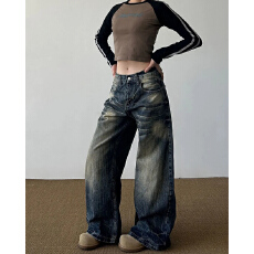 嘻哈休闲BF风阔腿牛仔裤女春秋季新款宽松设计感潮流弯刀牛仔裤潮