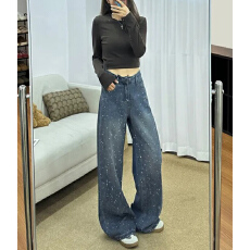 批发爆款带钻<b class='q'>镶钻</b>直筒<b class='q'>牛仔裤</b>女春秋款新款时尚宽松休闲拖地<b class='q'>牛仔裤</b>潮