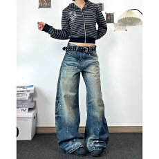 批发设计感水洗泼墨弯刀牛仔裤女春秋新款宽松阔腿垂感显瘦拖地牛仔裤