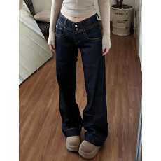 批发通勤街头ins双扣直筒牛仔裤女春秋新款显瘦时尚休闲拖地牛仔裤潮