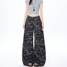 批发休闲简约原宿风<b class='q'>个性</b>迷彩工装阔腿牛仔裤女垂感<b class='q'>时尚</b>ins拖地牛仔裤