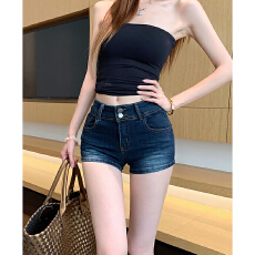 美式辣妹丰胯牛仔短裤女夏季两粒扣高腰包臀裤子直筒显瘦a字热裤