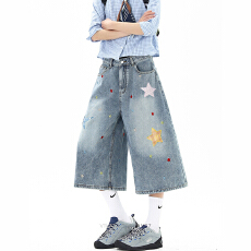 批发街头个性星星贴布印花牛仔七分牛仔裤女<b class='q'>春</b>夏季新款宽松直筒七分裤