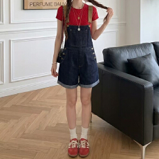 批发甜酷通勤简约牛仔背带<b class='q'>短裤</b>女春夏季新款宽松显瘦百搭直筒<b class='q'>连体</b><b class='q'>裤</b>潮