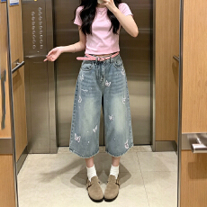 批发中性潮流<b class='q'>韩版</b>牛仔七分裤女春夏季新款百搭宽松七分直筒<b class='q'>牛仔裤</b>潮