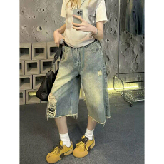 批发慵懒风设计感牛仔七分裤女春夏季新款百搭宽松七分直筒牛仔裤潮