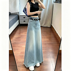 批发通勤韩版街头高腰垂感牛仔裙女春夏季<b class='q'>新款</b>潮流毛边A字牛仔长裙潮