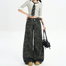 批发潮流迷彩工装阔腿牛仔裤女<b class='q'>春</b>秋季新款垂感中性百搭时尚拖地牛仔裤