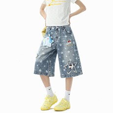 批发星形贴布印花七分牛仔裤<b class='q'>女</b>春夏季新款宽松显瘦高街通勤直筒<b class='q'>七分裤</b>