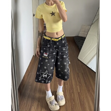 批发慵懒风星星满印小狗刺绣阔腿牛仔裤<b class='q'>女</b>春夏季新款休闲牛仔七分短裤