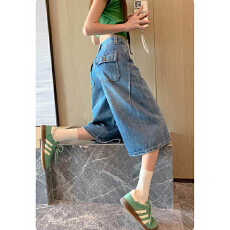 批发高街个性七分直筒牛仔裤<b class='q'>女</b>春夏季新款高腰百搭宽松显瘦牛仔中裤潮
