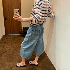 批发设计感个性中性七分阔腿牛仔裤<b class='q'>女</b>春夏季新款高腰百搭宽松显瘦中裤