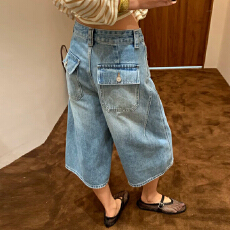 批发设计感七分阔腿牛仔裤<b class='q'>女</b>春夏季新款高腰百搭高街时尚宽松显瘦中裤